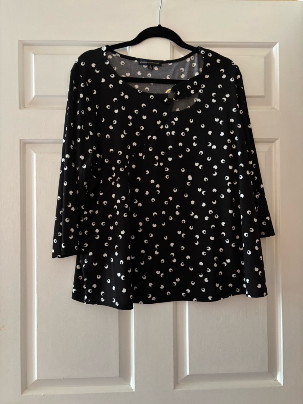 Adrienne Vittadini Black Top with White Crescent Dot Print